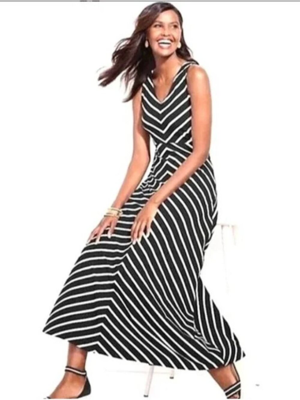 Talbots Black White Chevron Stripe Maxi Dress Sleeveless Size Medium